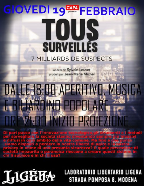 Aperitivo e proiezione di TOUS SURVEILLES e discussione