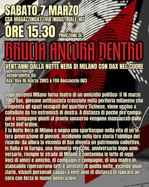 proiezione di BRUCIA ANCORA DENTRO - Vent'anni dalla notte nera di Milano con Dax nel cuore 