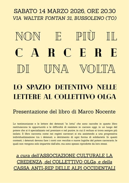 Presentazione del libro di Marco Nocente: Non è più il carcere di una volta. Lo spazio detentivo nelle lettere al Collettivo OLGa.