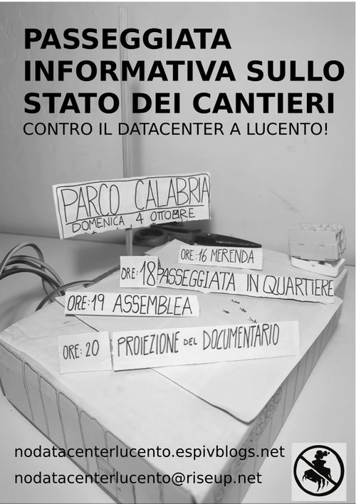 Cosa vuole dire vivere vicino ad un datacenter?

locandina evento

ore 16 merenda
ore 18 passeggiata in quartiere
ore 19 assemblea
ore 20 proiezione documentario