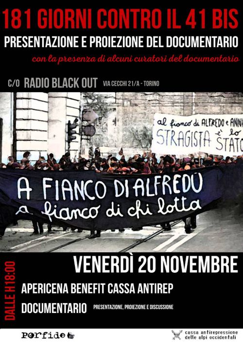 Proiezione del documentario  "181 giorni contro il 41bis. Lo sciopero della fame di Alfredo Cospito".