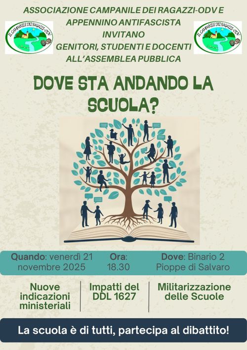 Dove va la scuola? assemblea pubblica sulle Nuove Indicazioni Nazionali, Militarizzazione della scuola e DDL 1627 organizzata da Appennino Antifascista e Ass.Il Campanile dei Ragazzi-ODV