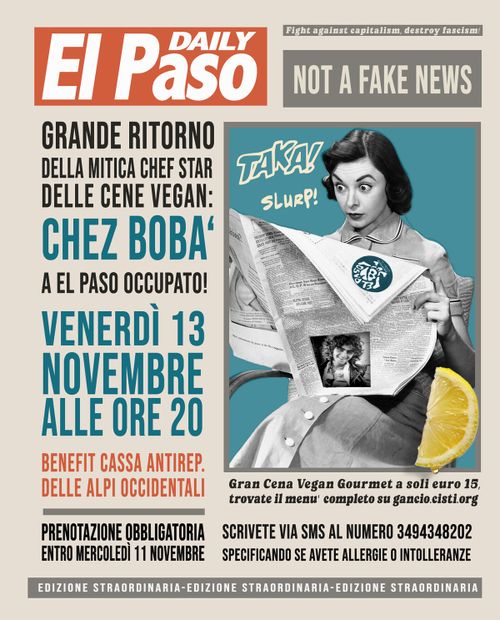 CHEZ BOBà, CENA VEGAN a sostegno della CASSA ANTIREPRESSIONE DELLE ALPI OCCIDENTALI
